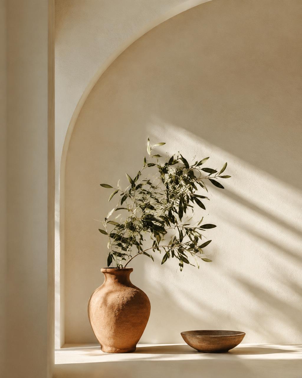 Terracotta vase with olive branch under a plaster arch